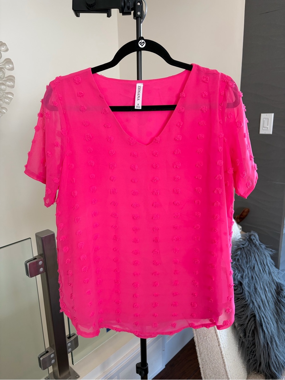 Zenana Hot Pink V-Neck Textured Blouse